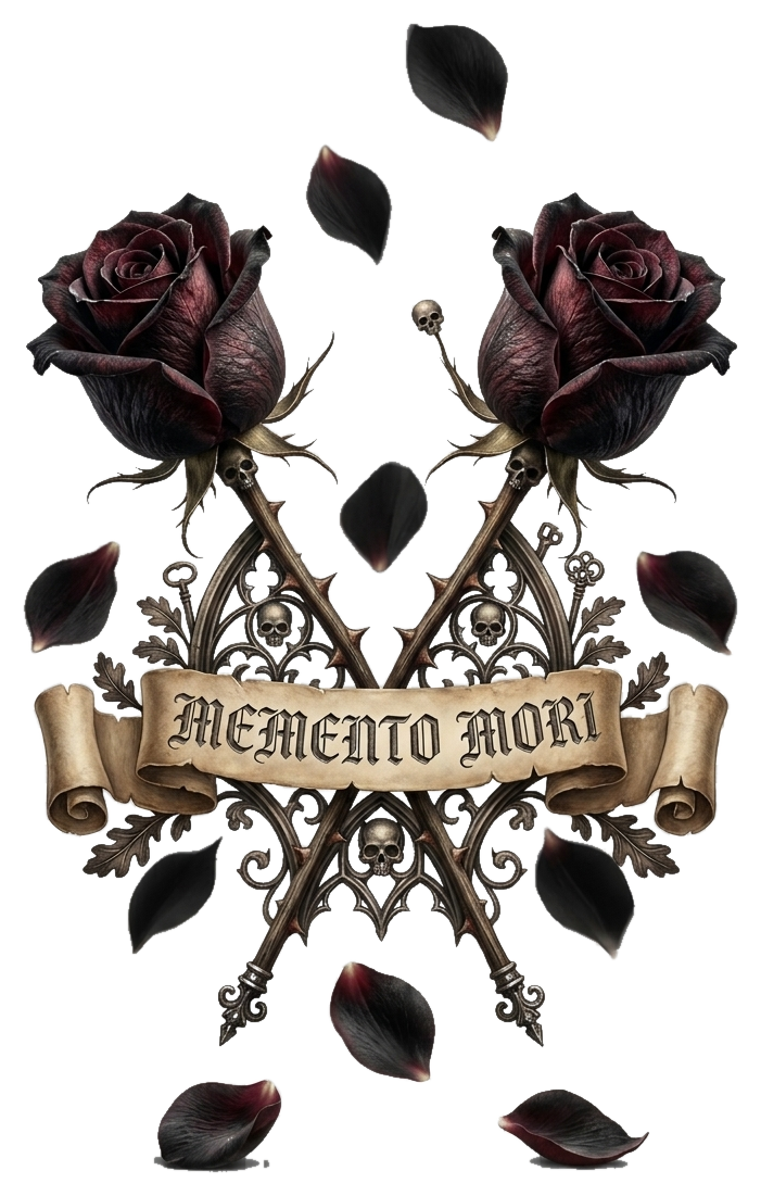 Memento Mori crest — two black roses crossed with ornate keys above a Memento Mori banner